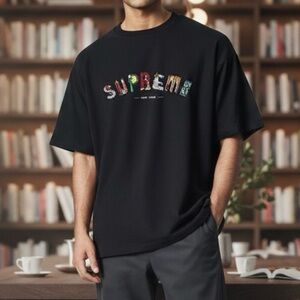 Supreme City Embroidered Arc 100% Cotton Tee Shirt SS19, Black, Size S